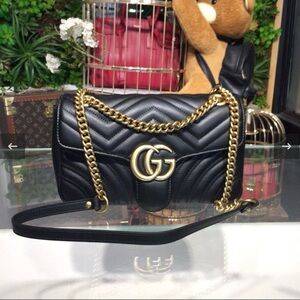 Black Quilted Leather Bag with Gold Chain